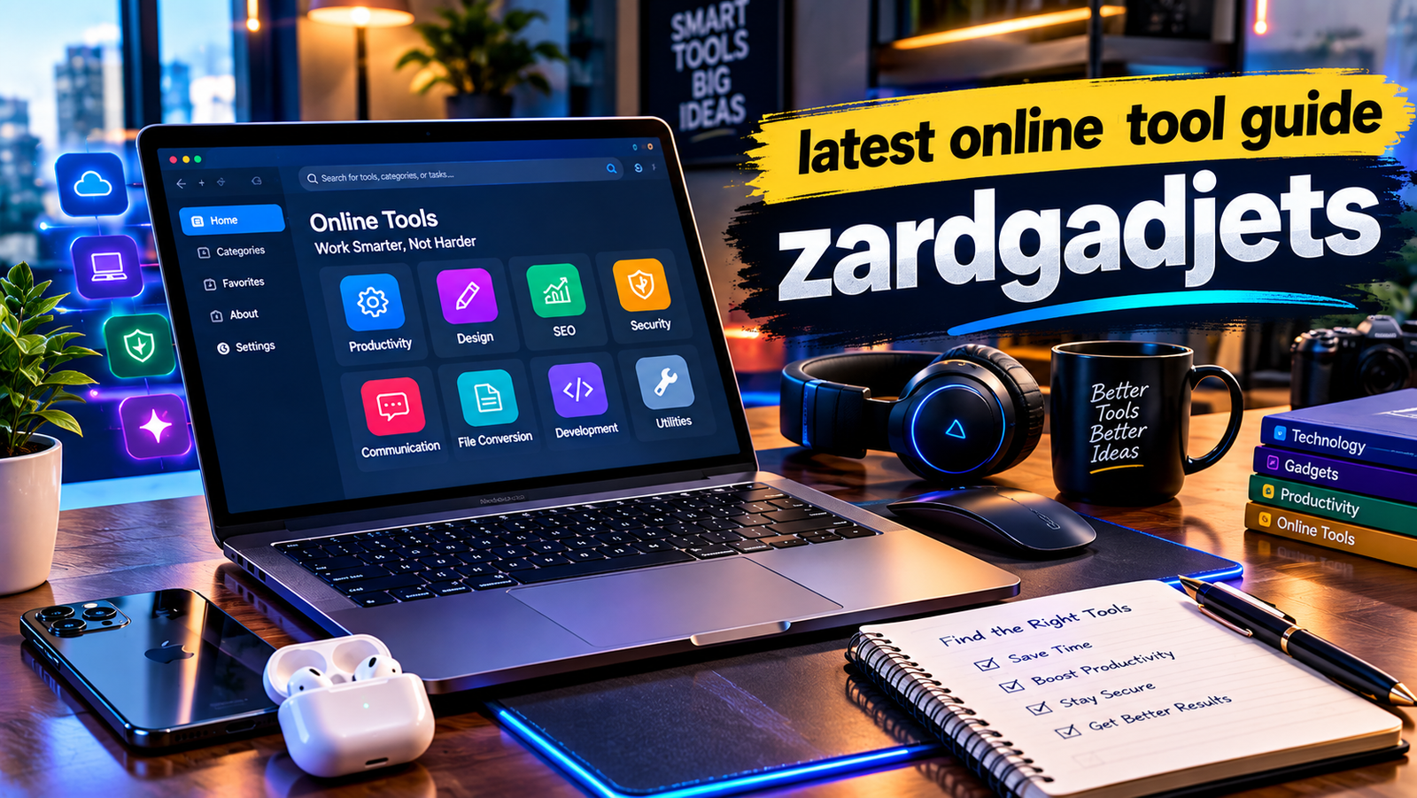Latest online tools guide zardgadjets featuring a modern laptop, tech gadgets, and online tool dashboard
