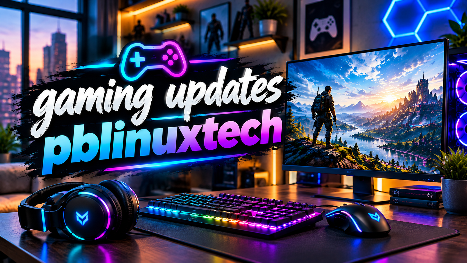 Gaming updates pblinuxtech featured image with a modern RGB gaming setup, monitor, keyboard, headset, and gaming accessories.