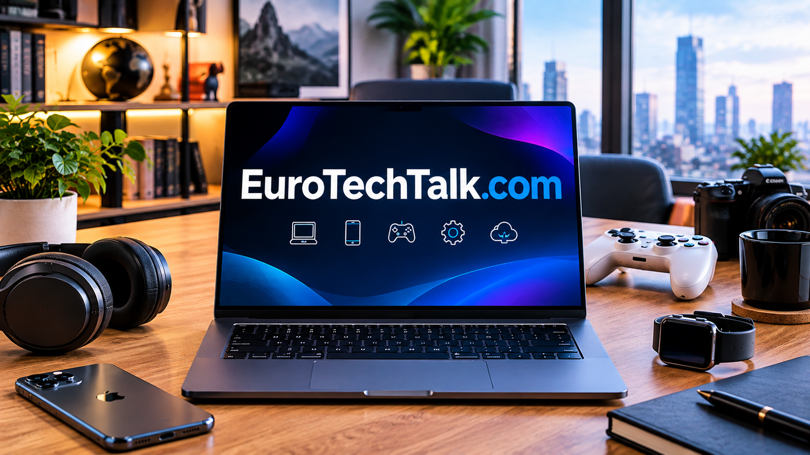 EuroTechTalk.com technology workspace featuring a laptop, gadgets, gaming controller, smartphone, and smartwatch